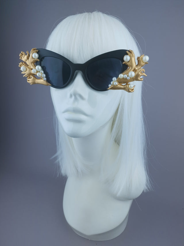 Pearls & Swine: Gold Hands & Pearl Black Sunglasses "Grip"