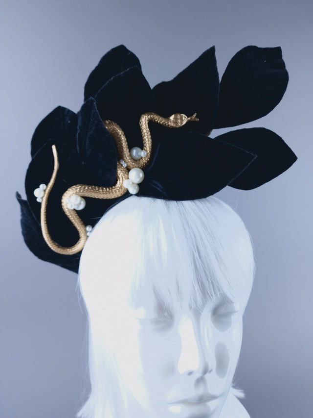 "Edenn" Black Velvet Leaf  Gold Snake & Pearl Headdress