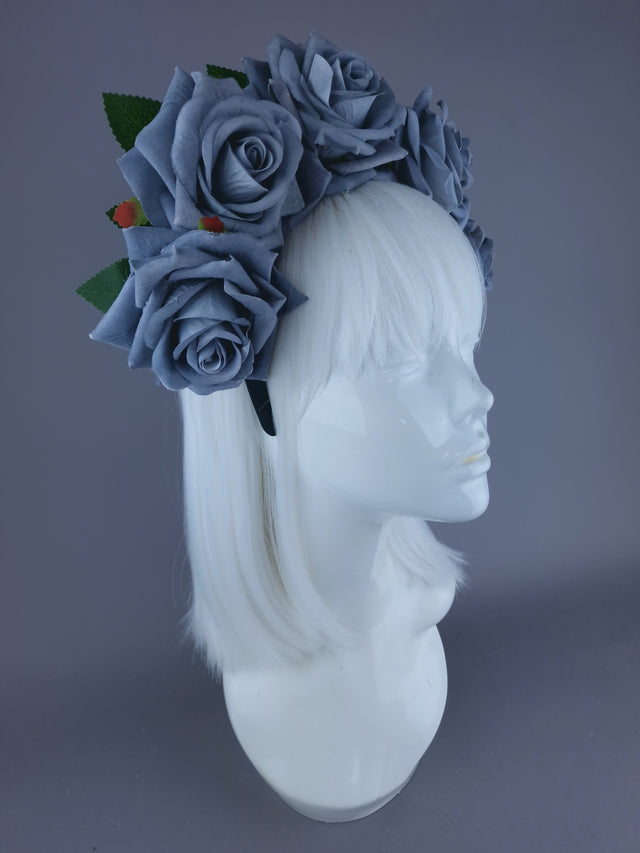 "Eva" Grey Velvet Rose Flower Headdress & Neckpiece