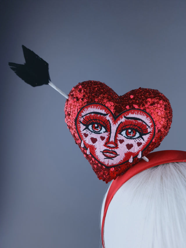 "Crush" Red Glitter Heart with Embroidery Face Headdress