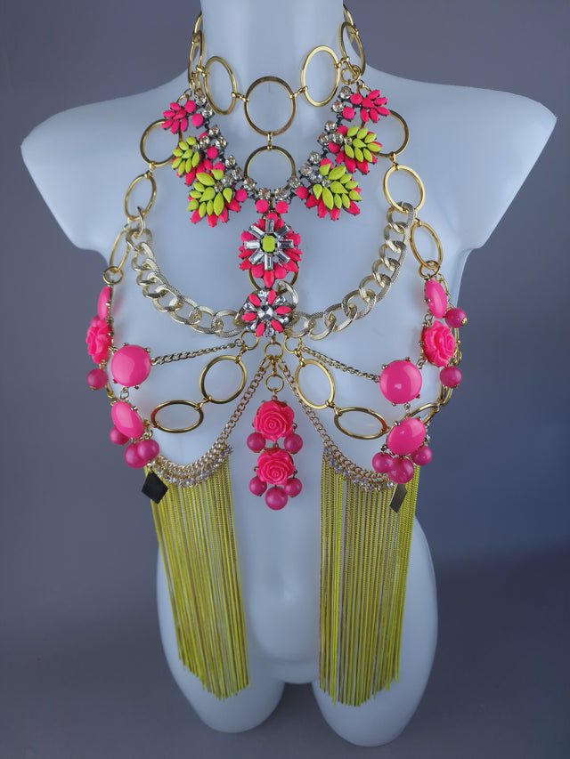 "Hermia" Neon Yellow & Pink Jewel & Chain Harness