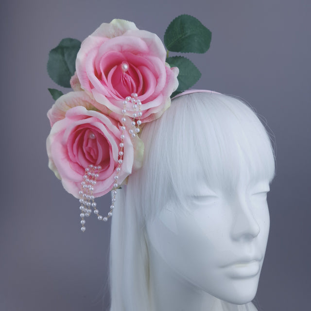 Pearls & Swine: Pink Rose & Pearl Flower Headdress "Fufu"