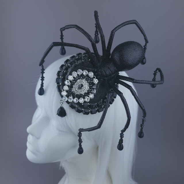 Pearls & Swine: Black Spider & Jewel Mini Fascinator "Toxin"