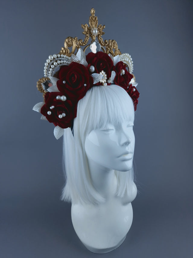 "Doryu" Red Rose, Pearls & Gold Filigree Halo Headdress