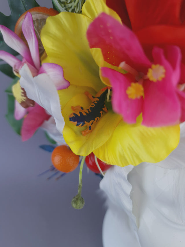 Pearls & Swine: Maximalist Tropical Floral Headpiece with Dinosaur "Jungle Boogie"