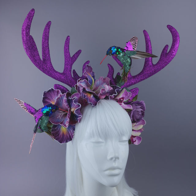 Pearls & Swine: Maximalist Purple/Pink Floral Deet Horn Headdress with Hummingbirds