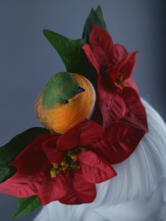 Robin & Red Poinsettia Xmas Headdress