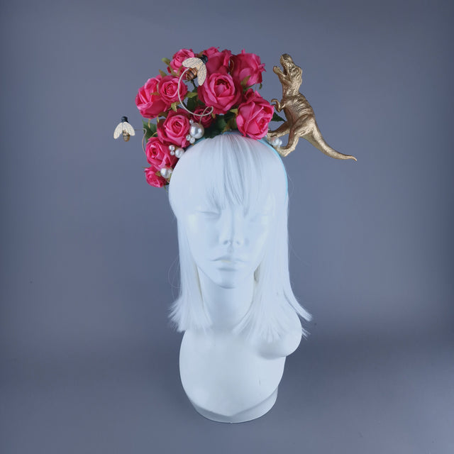 "Dainty" Dinosaur, Pearls & Pink Rose Headdress