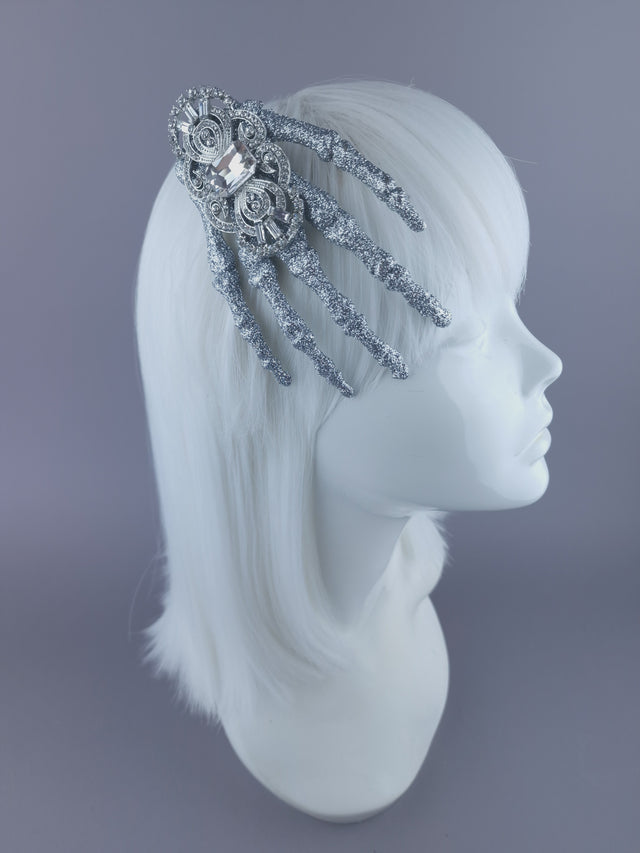 "Dust to Dust" Jewelled Glitter Skeleton Hand Mini HeadpieceI