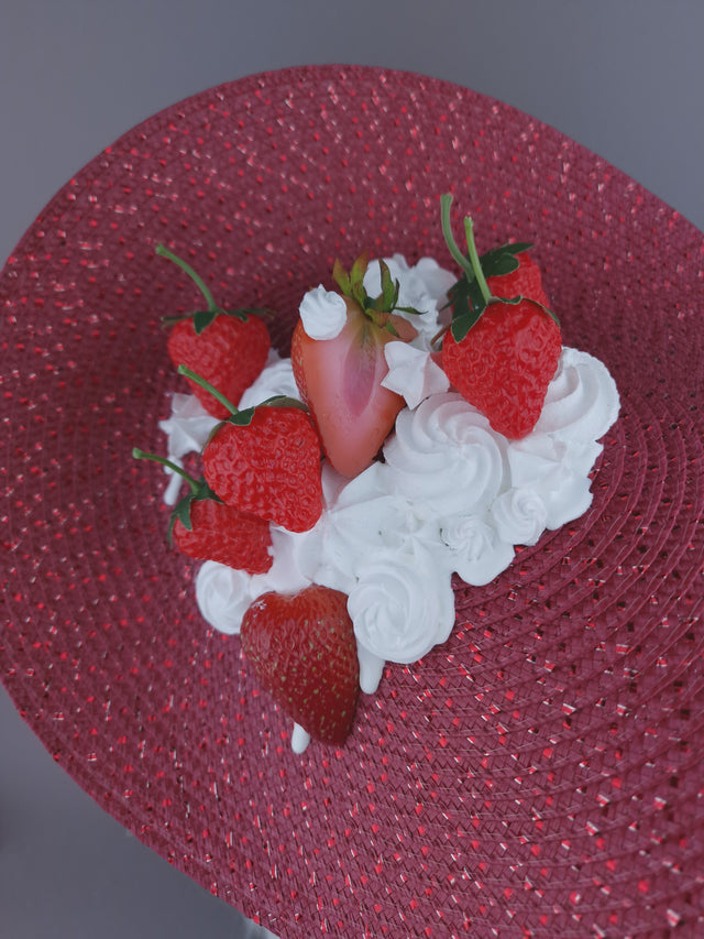 Pearls & Swine: Bespoke Commission Wimbledon Strawberries & Cream Hat with Tennis Ball & Racket Necklace