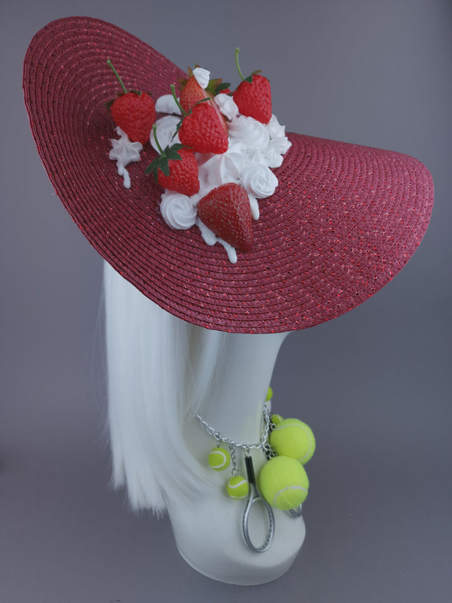 Pearls & Swine: Bespoke Commission Wimbledon Strawberries & Cream Hat with Tennis Ball & Racket Necklace