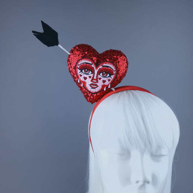 "Crush" Red Glitter Heart with Embroidery Face Headdress