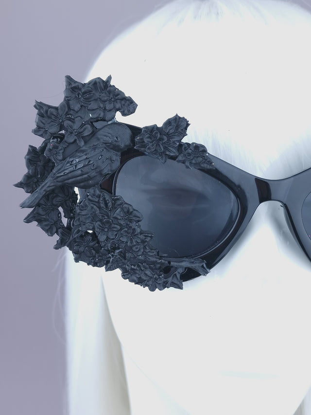 "Lilith" Black Bird & Flowers Filigree Catseye Sunglasses