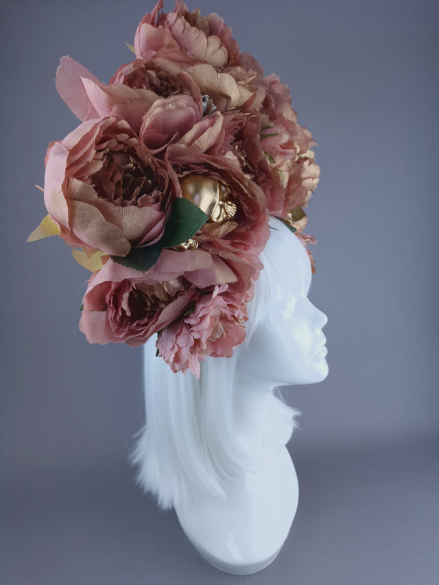 "Aya" Dusky Pink & Gold Peony Headdress with Skulls