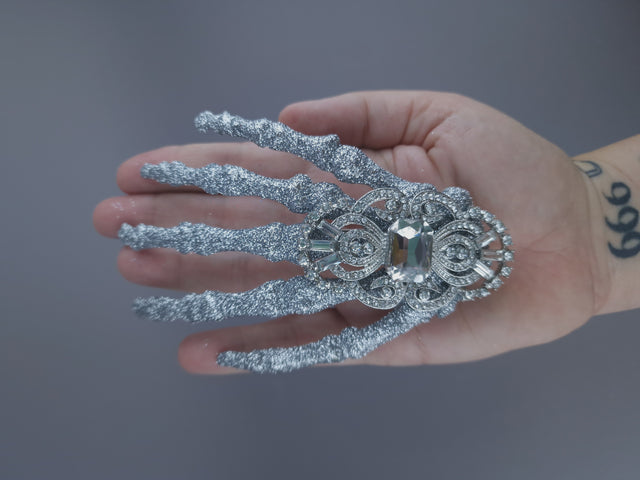 "Dust to Dust" Jewelled Glitter Skeleton Hand Mini HeadpieceI