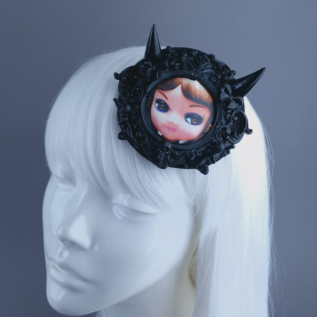 "Little Devil" Black Filigree Bradley Doll Face Mini Fascinator with Horns