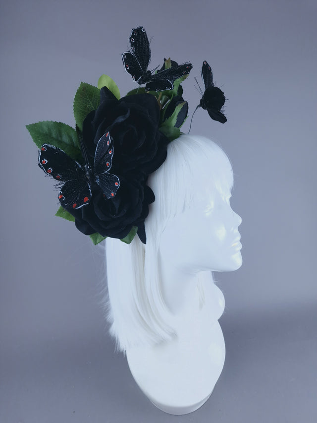 "Devaki" Black Rose & Butterfly Flower Headdress