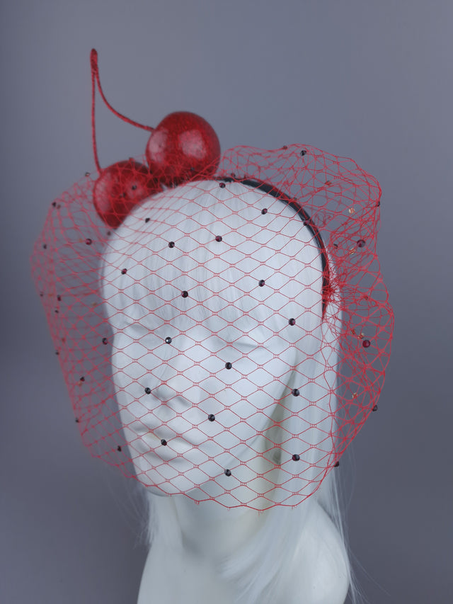 "Accro Aux Cerises" Large Red Glitter Cherries Crystal Veil Headpiece
