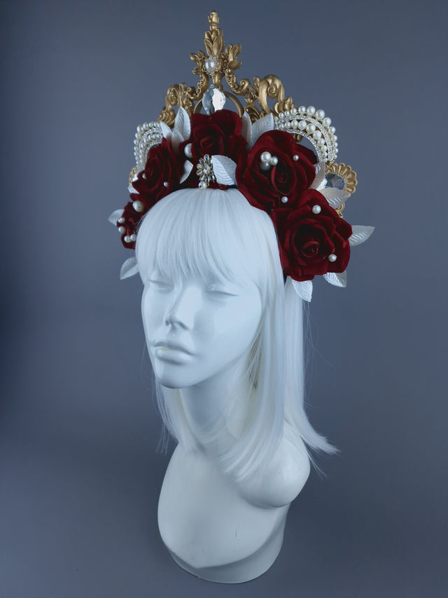 "Doryu" Red Rose, Pearls & Gold Filigree Halo Headdress