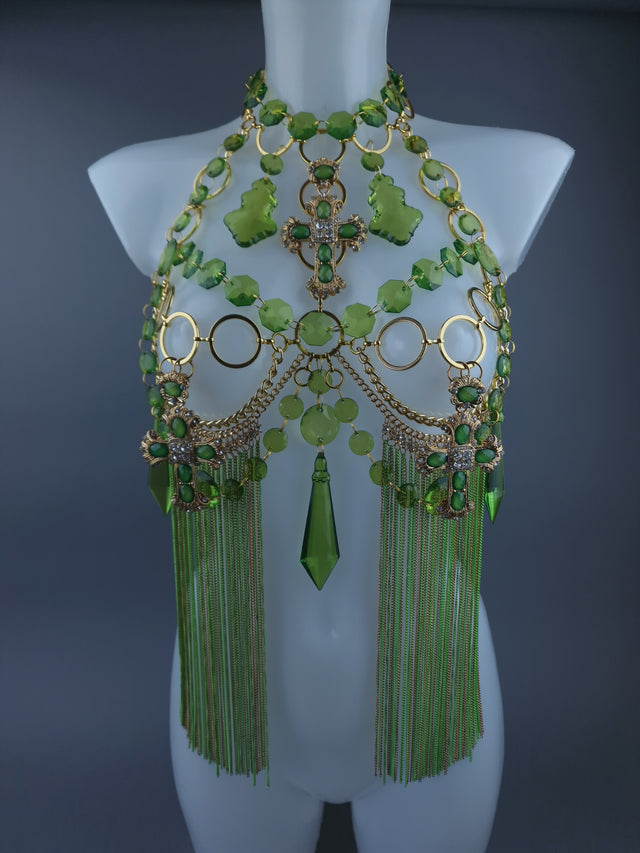 "Limelight" Green & Gold Jewel & Chain Harness