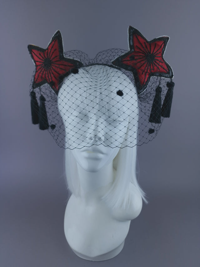 "Rubette" Red & Black Star & Tassel Veil Headdress