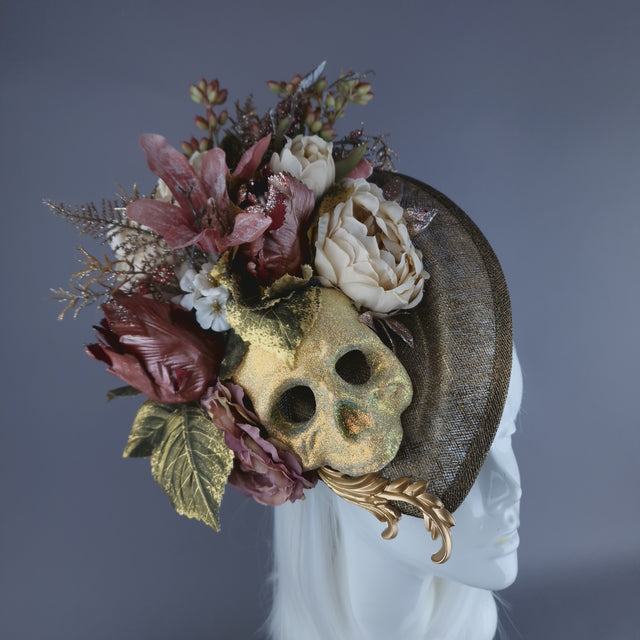 "Asura" Skull & Flower Gold & Brown Fascinator Hat