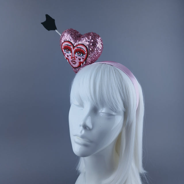 "Crush" Pink Glitter Heart with Embroidery Face Headdress