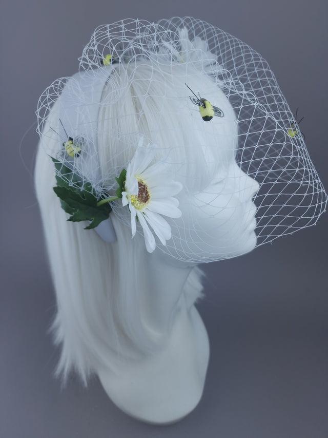 Pearls & Swine Veil Headpiece with White Daisies and Bee detail "Chapel"