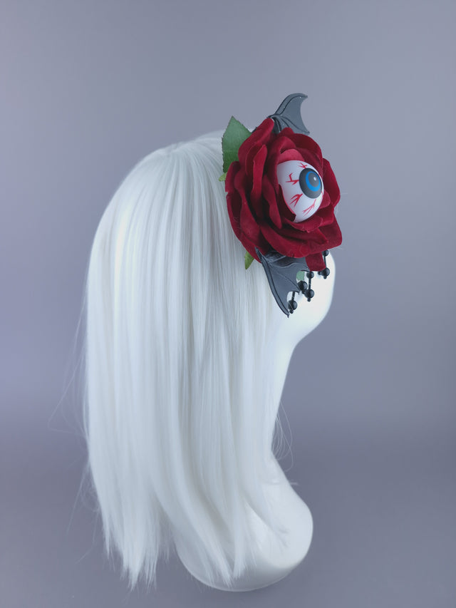 "Demiana" Red Rose, Eyeballs, Bat Wing Mini Fascinator