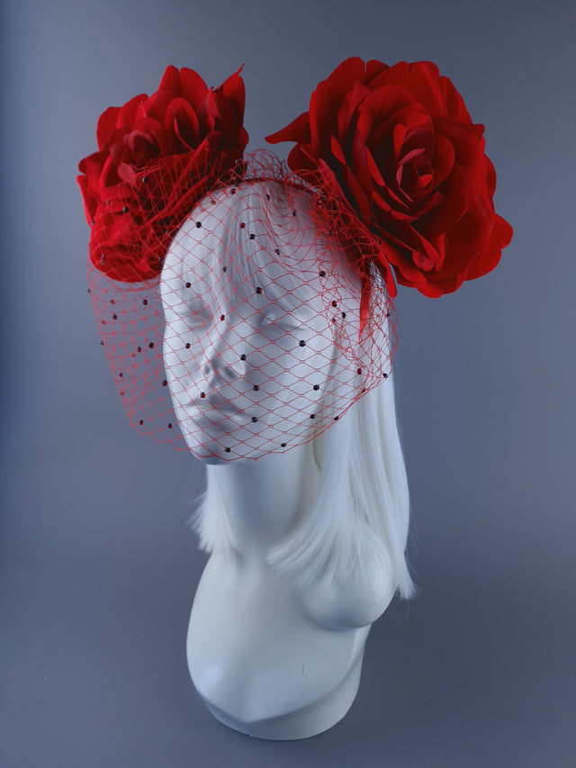 "Amias" Giant Red Rose Crystal Veil Headdress