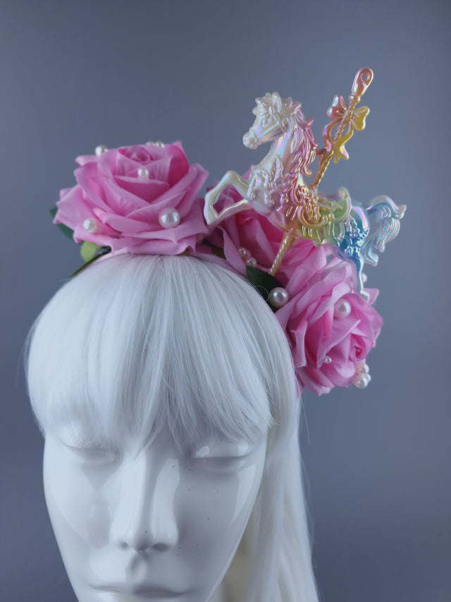 "Spin" Velvet Pink Rose, Pearls & Carousel Horse Headdress