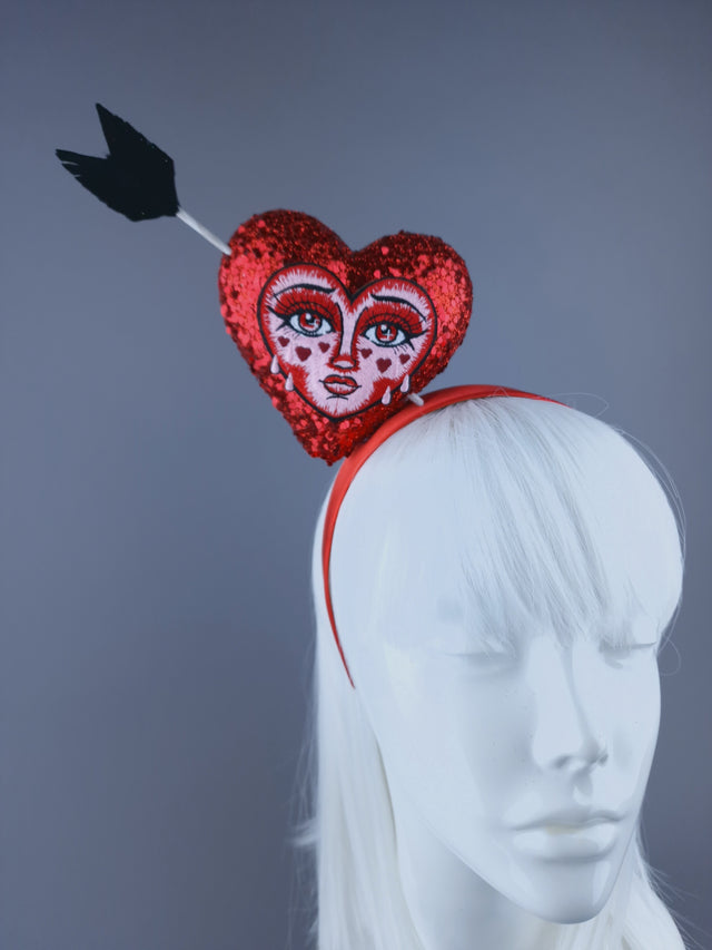 "Crush" Red Glitter Heart with Embroidery Face Headdress