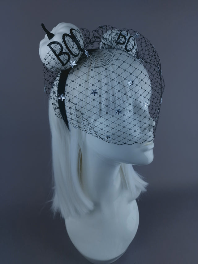 "Boo-Boo" Black & White Pumpkin Ear Veil Headdress