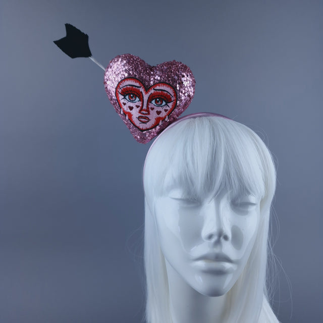 "Crush" Pink Glitter Heart with Embroidery Face Headdress