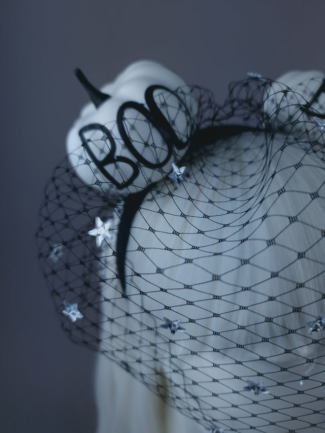 "Boo-Boo" Black & White Pumpkin Ear Veil Headdress