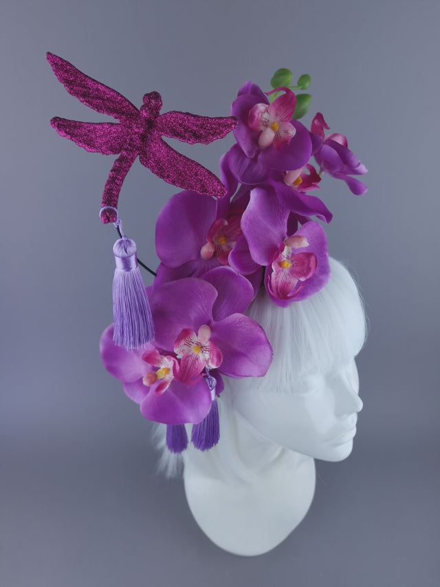 "Lanfen" Pink Purple Orchid, Dragonfly & Tassel Headdress