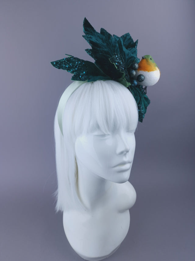 Large Velvet Poinsettia & Robin Xmas Headdress