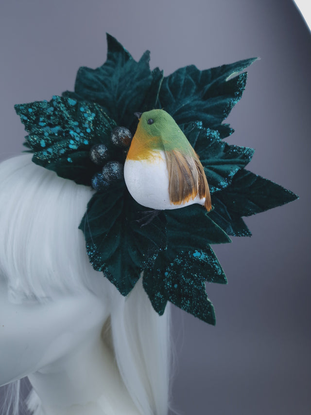 Large Velvet Poinsettia & Robin Xmas Headdress