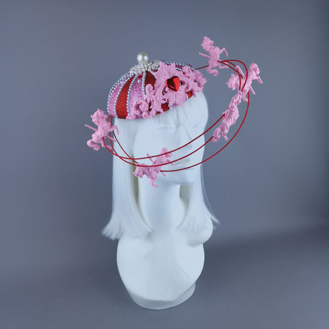 "Cirque Love" Pink, Red & Pearl Circus Carousel Wired Veil Hat