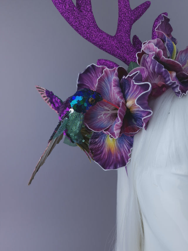 Pearls & Swine: Maximalist Purple/Pink Floral Deet Horn Headdress with Hummingbirds