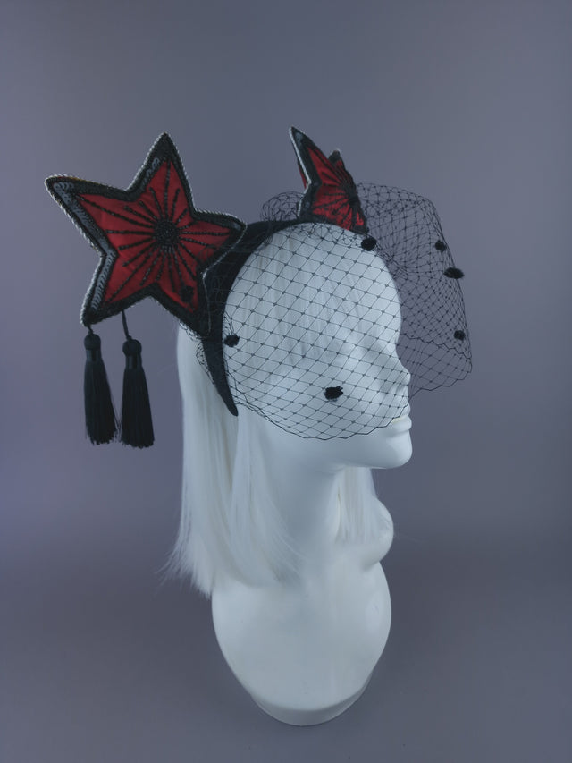 "Rubette" Red & Black Star & Tassel Veil Headdress