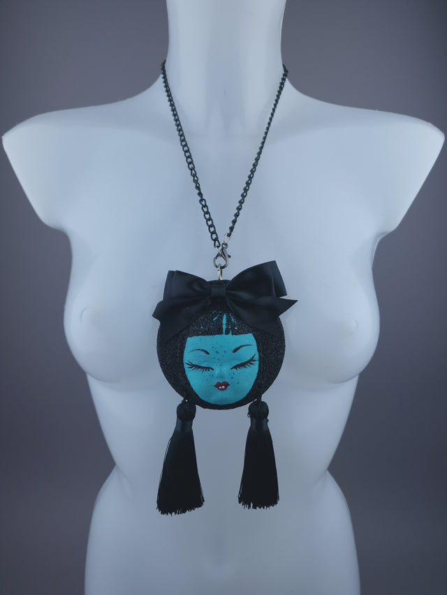 Blue Dollface & Blinking Eye Necklace Brooch Jewellery