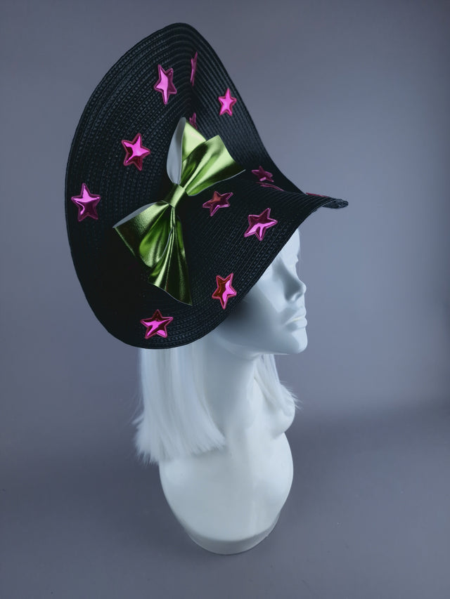 "Twinx" Green Bow with Pink Stars Black Hat