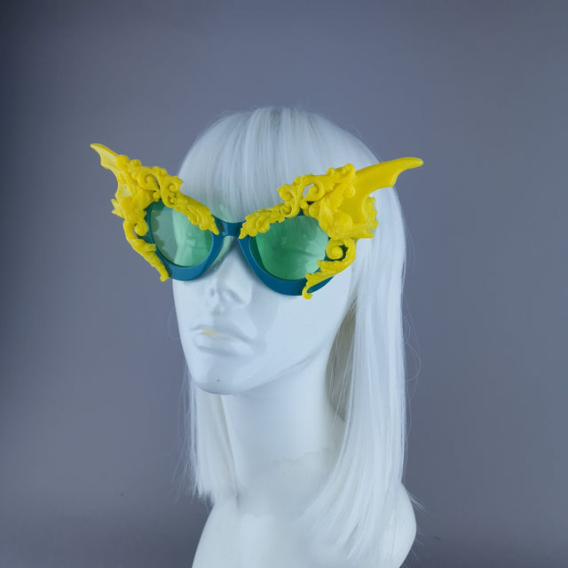 "Bathory" Teal & Yellow Filigree Ornate Bat Wing & Cherub Sunglasses