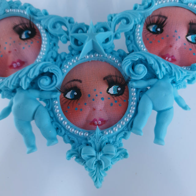 "Triple" Pastel Blue Dollface Filigree & Pearl Neckpiece