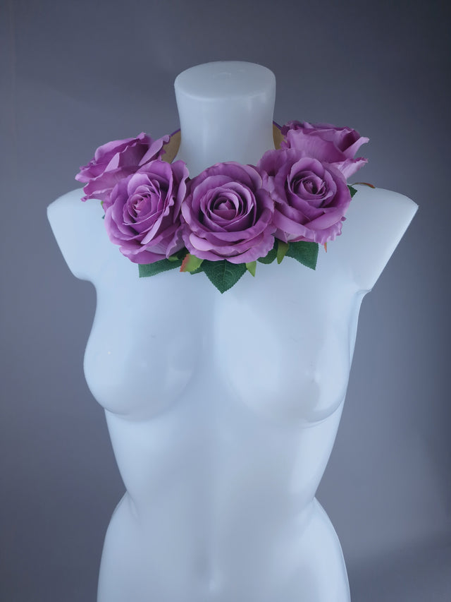 "Mavis" Pink/Purple Rose Flower Headdress & Neckpiece