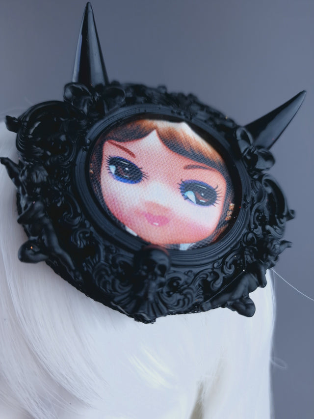 "Little Devil" Black Filigree Bradley Doll Face Mini Fascinator with Horns