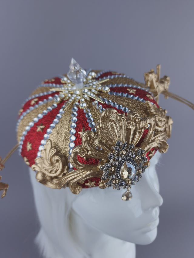 "Cirque Forever" Gold & Red Circus Carousel Wired Veil Hat