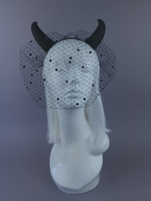 Pearls & Swine: Large Black Glitter Devil Horn Veil Headpiece "Hot Stuff"