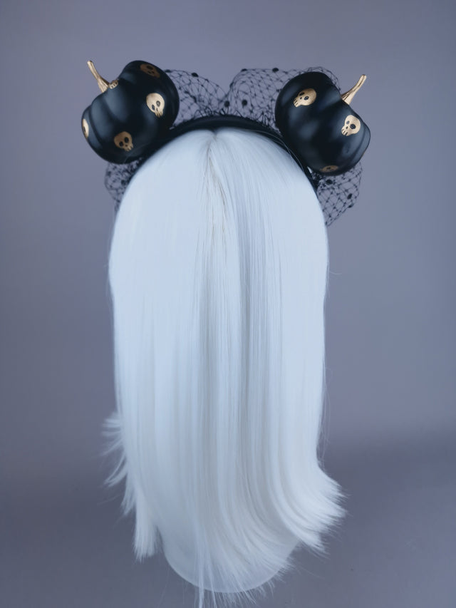 "Boo" Black & Gold Skull Pumpkin Ear Veil Headdress